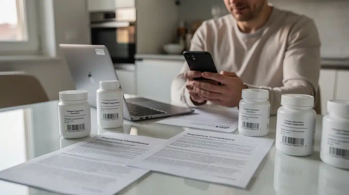 Acquisto online di integratori di collagene con barattoli, etichette e documenti di controllo su un tavolo
