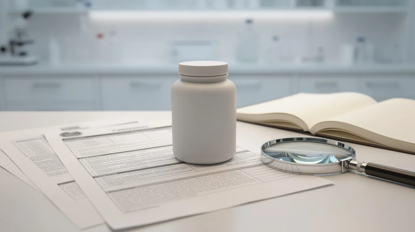 Collagene: gli studi promettono, i claim no. Dove nasce la non conformità 1 Integratore di collagene su scrivania con documenti normativi e lente, immagine editoriale sul tema claim e controlli