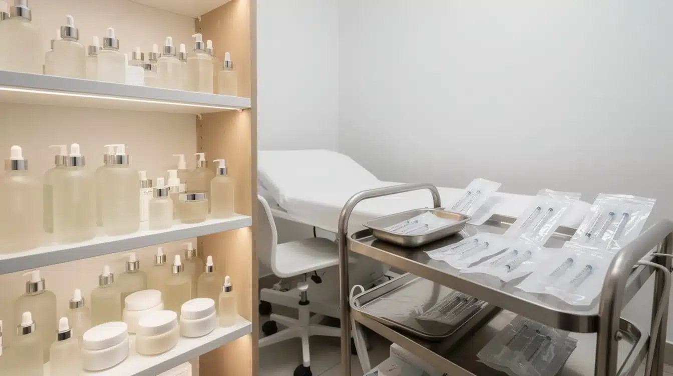 Acido ialuronico: stesso nome, tre mercati e una confusione costosa 1 Scaffale skincare affiancato a un ambulatorio di medicina estetica sotto controllo, per rappresentare la differenza tra cosmetico e filler a base di acido ialuronico