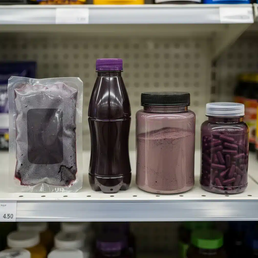 Bacche di acai: le proprietà cambiano col formato 1 Quattro formati diversi di prodotti all'acai su uno scaffale: polpa surgelata, bevanda, polvere e capsule