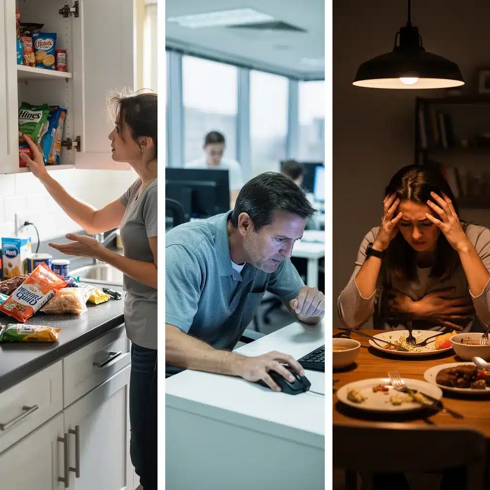 Tre persone in situazioni diverse legate alla fame: stress emotivo, sintomi fisici improvvisi e abbuffata con disagio