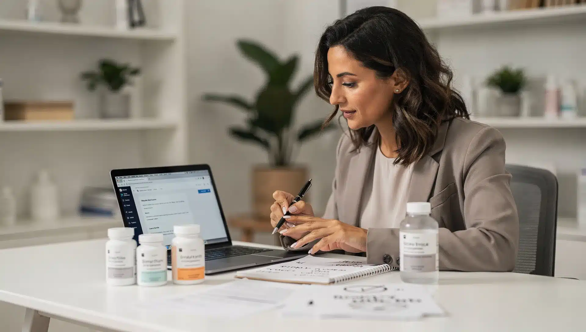 Giornalista che confronta online prezzi, claim e avvertenze di prodotti per il seno davanti a un laptop