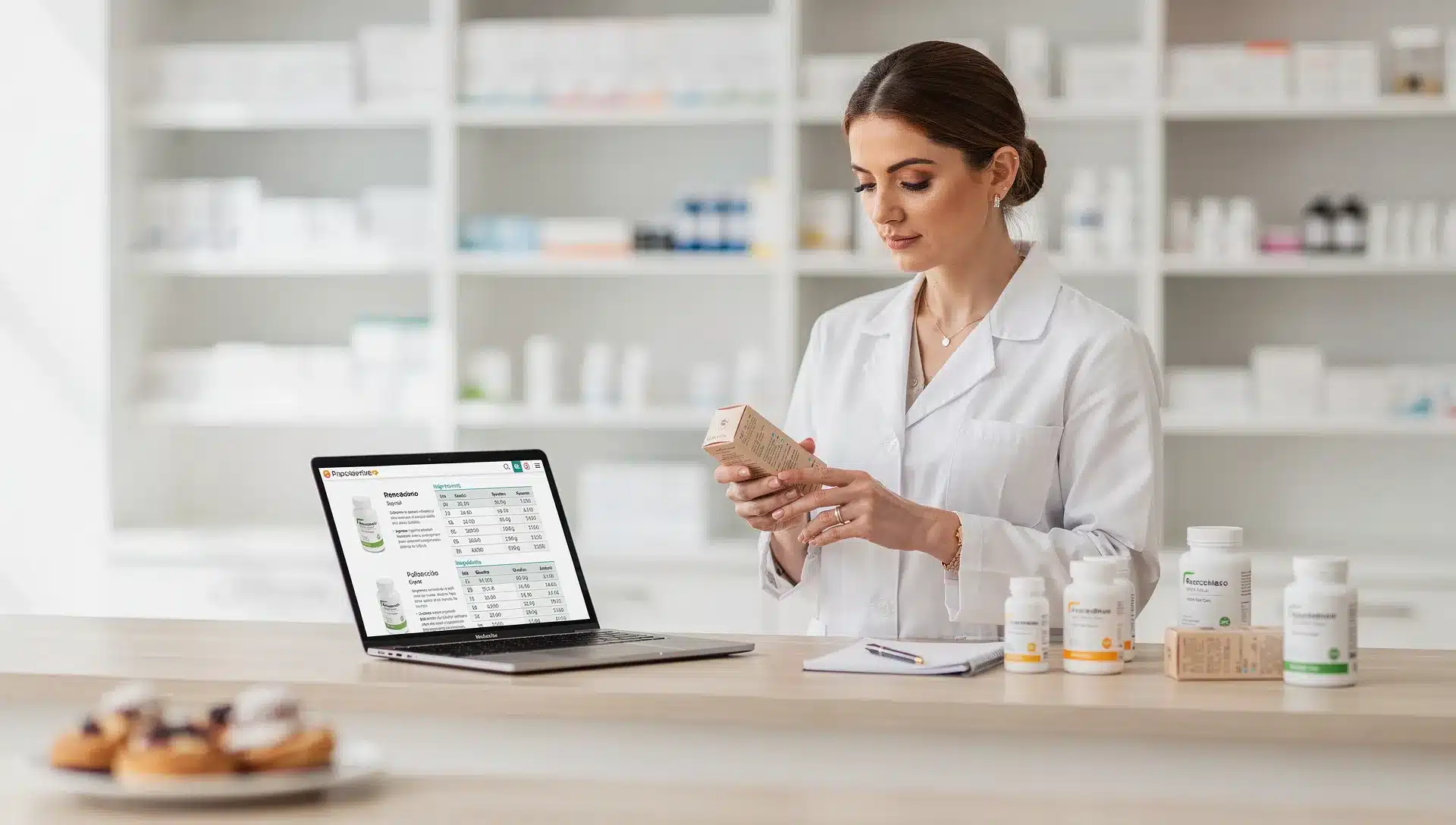 Professionista sanitario che confronta integratori e farmaci al computer con dolci sullo sfondo