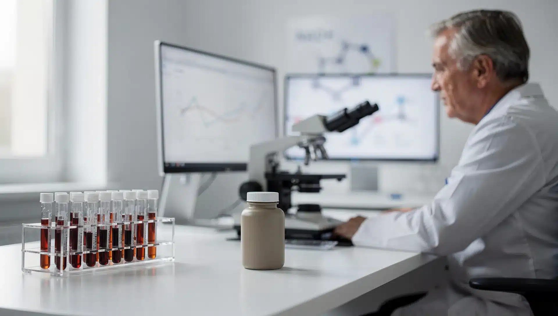 Ricercatore in laboratorio con provette di sangue e flacone neutro di integratore, tema NAD+ e invecchiamento