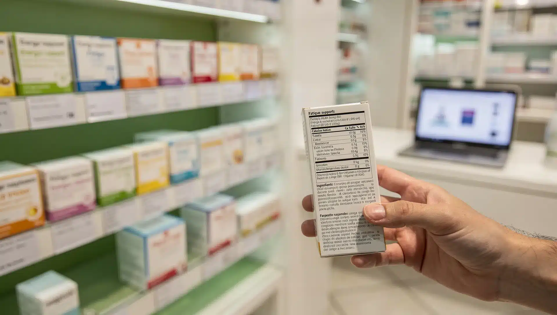 Cliente che controlla l'etichetta di un integratore per la stanchezza in farmacia