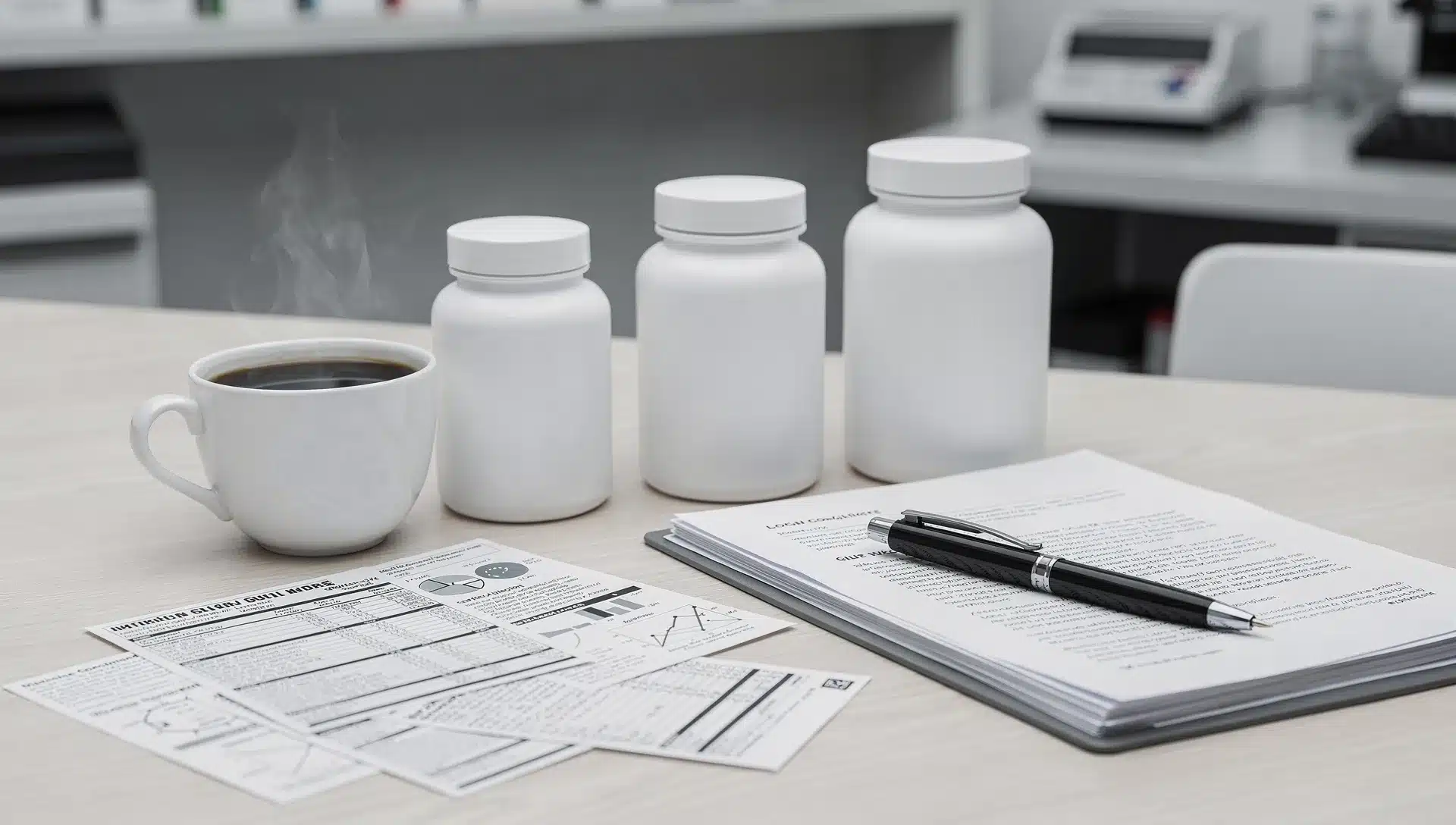 Confronto tecnico tra integratori per concentrazione con flaconi anonimi, caffè ed etichette su un tavolo