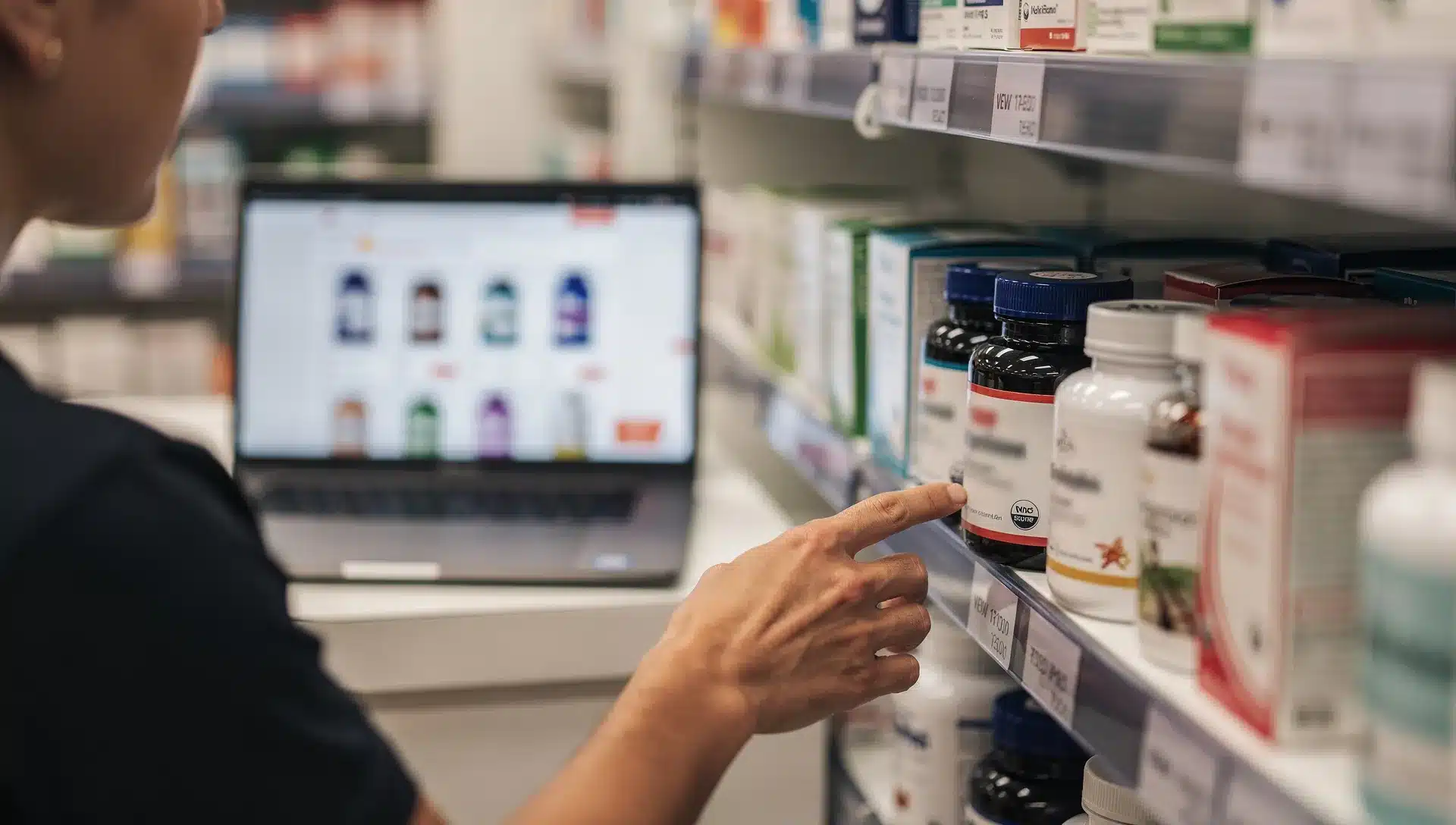 Consumatrice che confronta integratori per concentrazione tra scaffale e schermata online