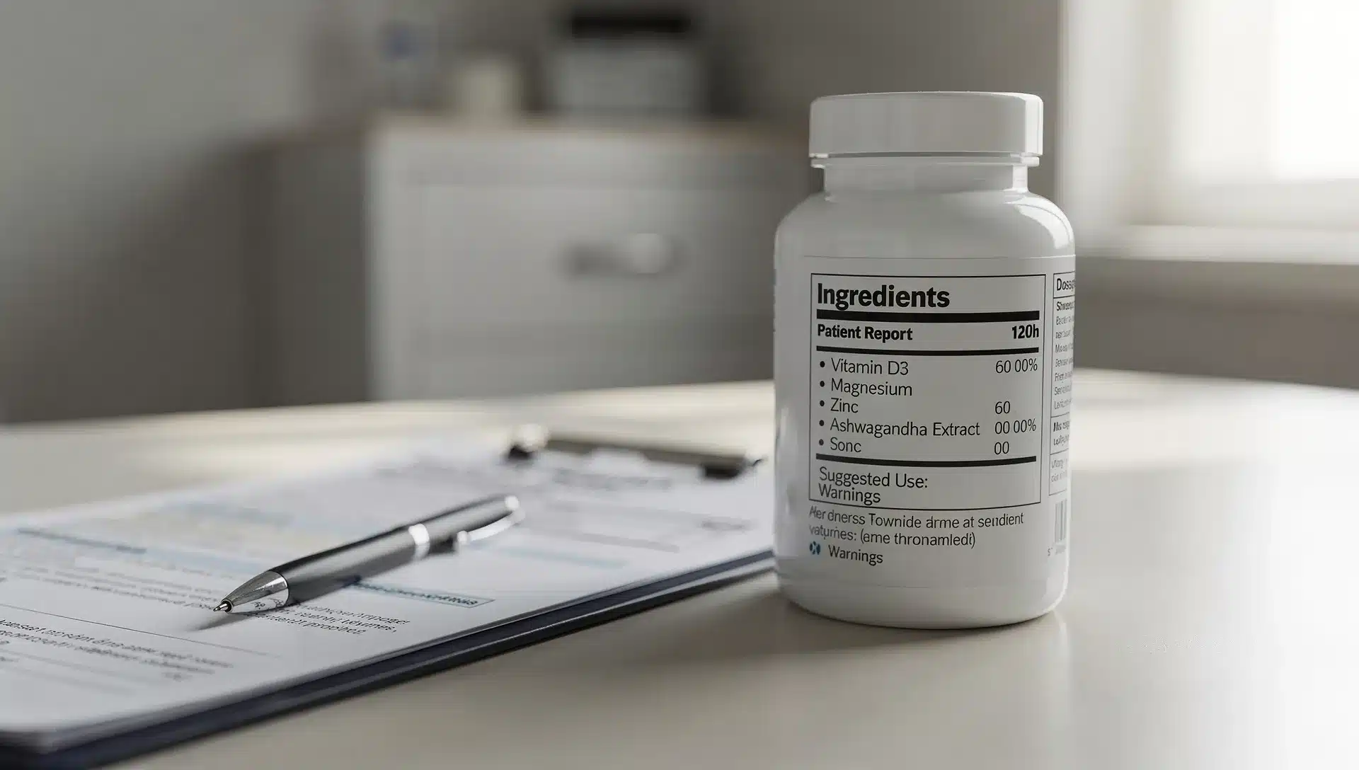 Ossido nitrico ed erezione: il trucco in etichetta che confonde il mercato 1 Barattolo di integratore con etichetta ingredienti in primo piano accanto ad appunti medici, immagine editoriale sul tema ossido nitrico ed erezione
