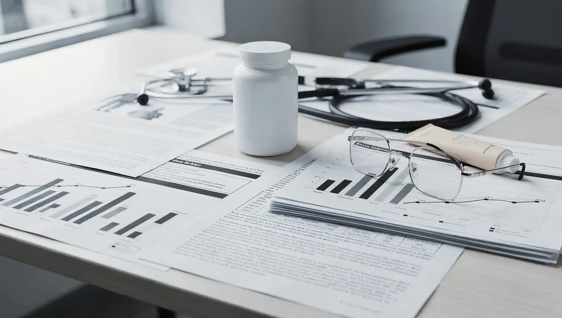 Scrivania con studi clinici, flacone di integratore neutro e tubo cosmetico in un contesto editoriale sanitario