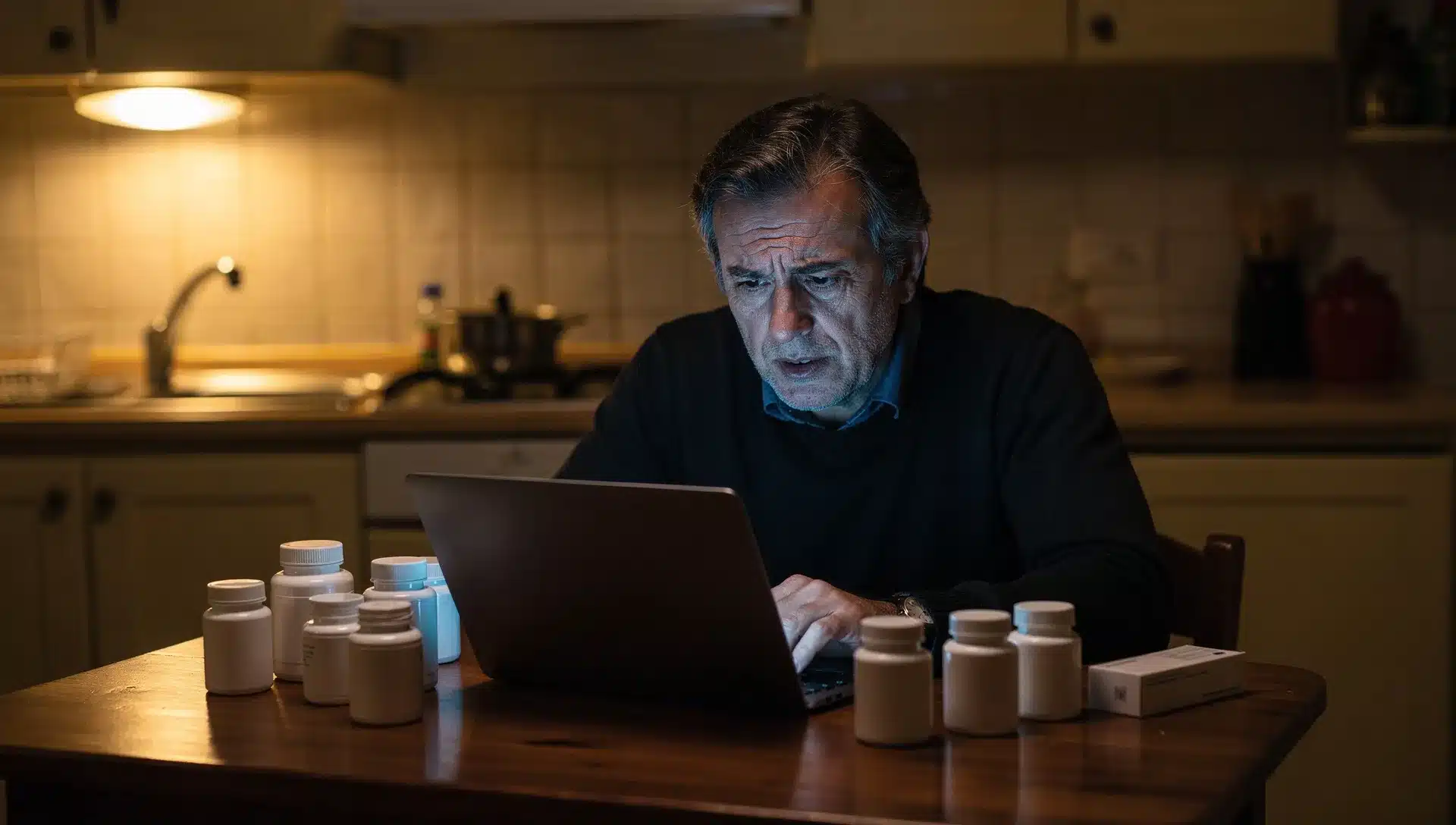 Uomo adulto seduto al tavolo di casa di notte mentre confronta integratori e farmaci davanti al computer