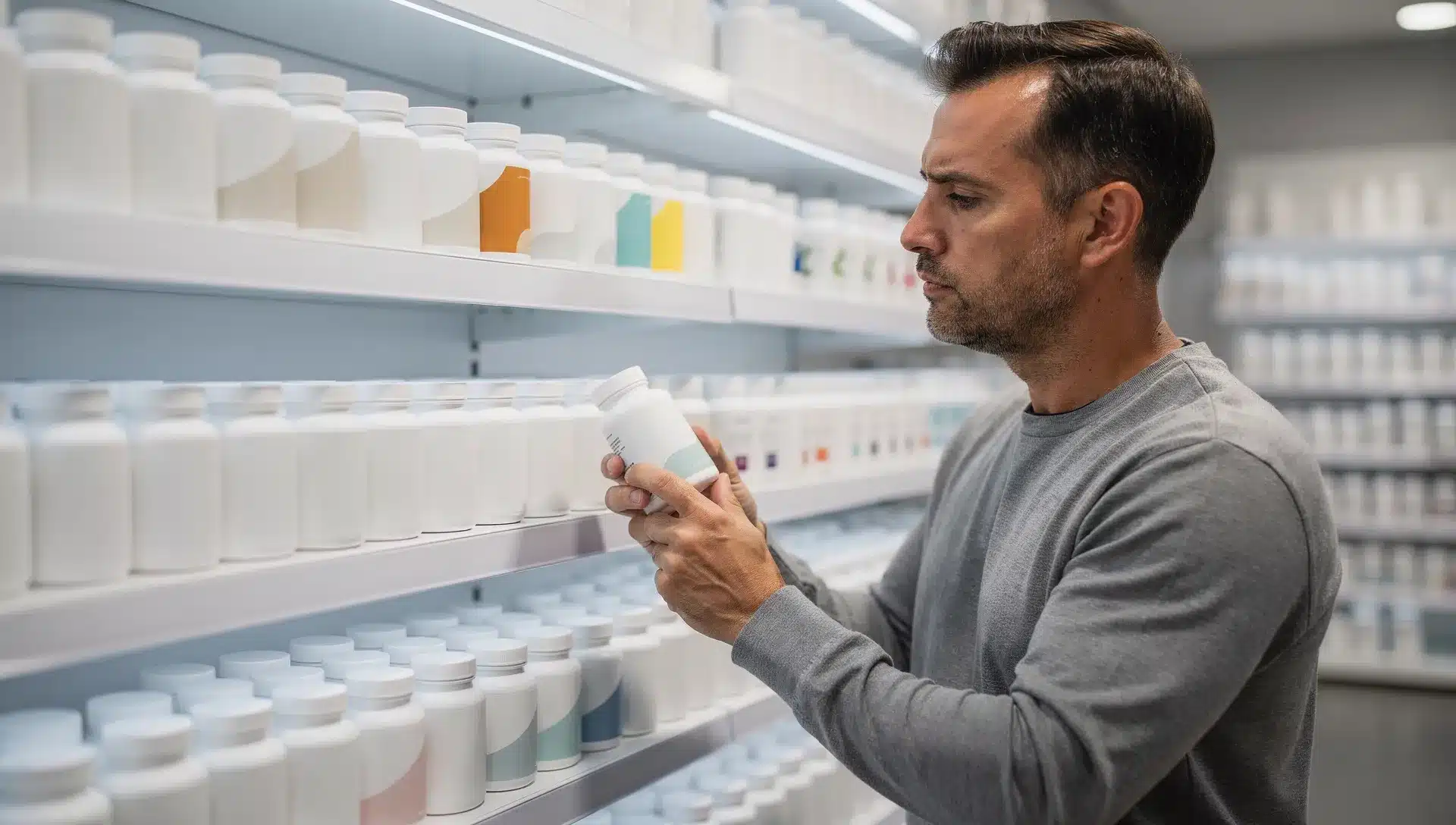 Quattro promesse da scaffale che il mercato dei brucia grassi naturali non regge 1 Scaffale di integratori dimagranti osservato con attenzione in un contesto da farmacia o parafarmacia