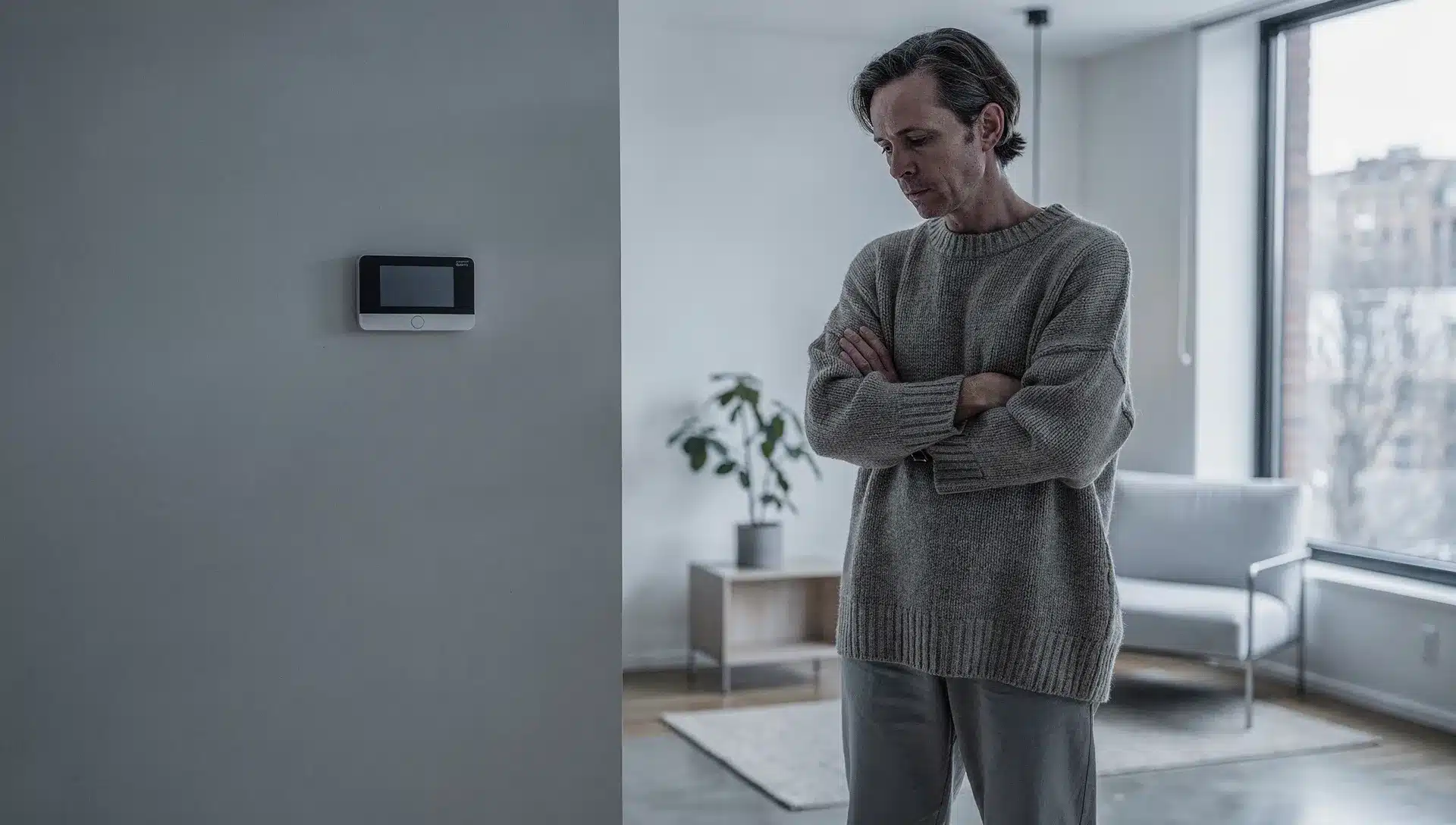 Persona in una stanza fresca con maglione e termostato basso, immagine editoriale sul grasso bruno e la termogenesi