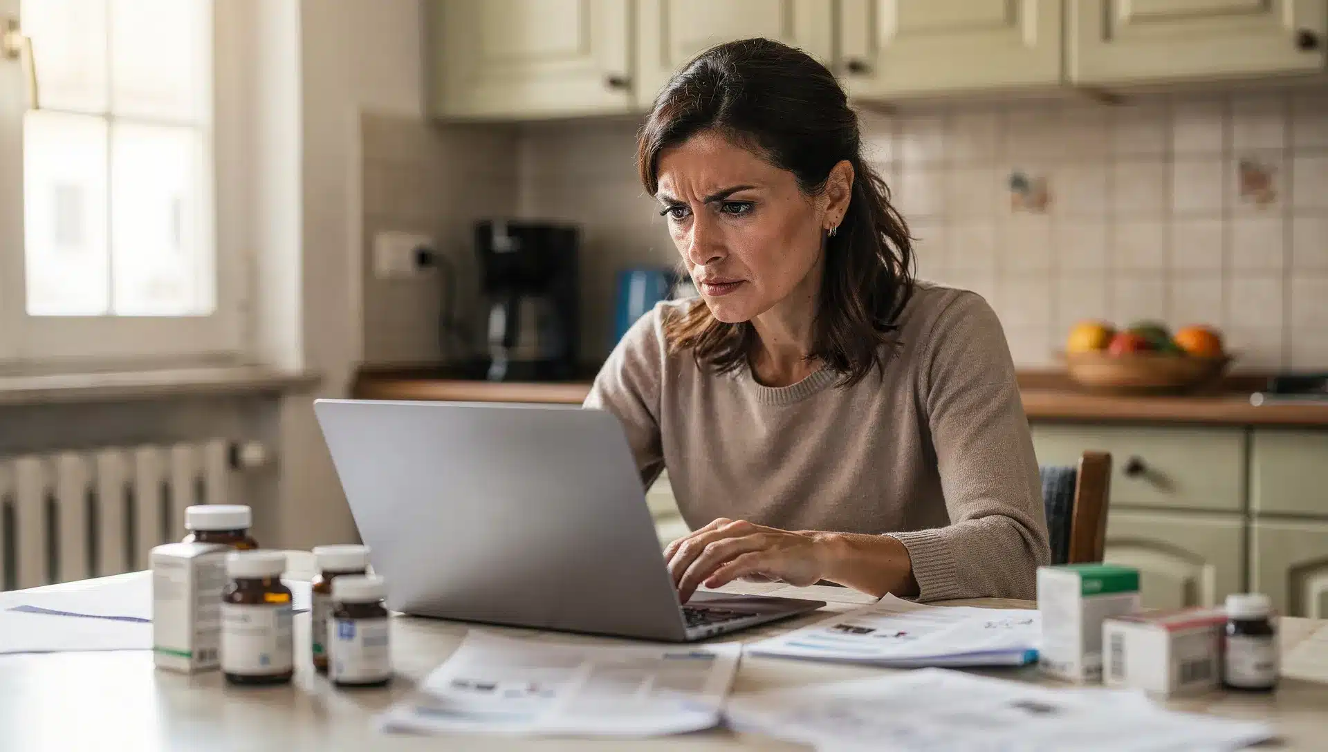 Donna adulta al computer confronta informazioni su integratori e salute sessuale femminile con confezioni sul tavolo