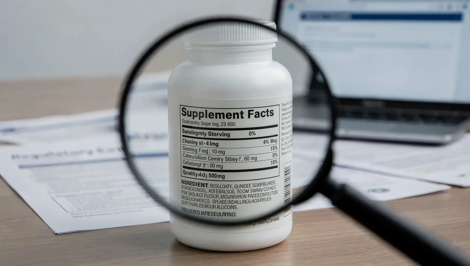 Dimagranti online: la riga ambigua che vende un effetto da farmaco 1 Etichetta di un integratore dimagrante osservata con una lente su un tavolo con documenti normativi