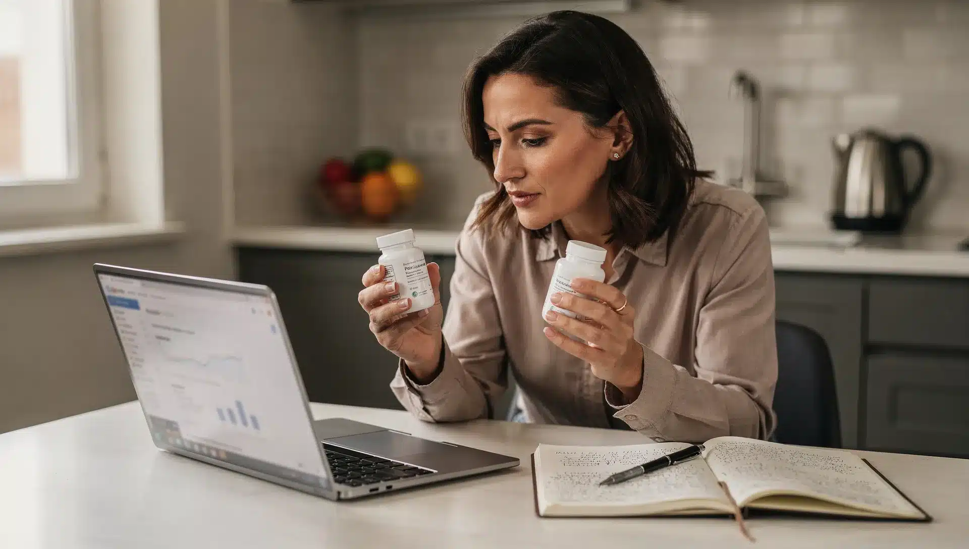 Donna che confronta integratori al tavolo con laptop aperto durante una ricerca sulla maca peruviana
