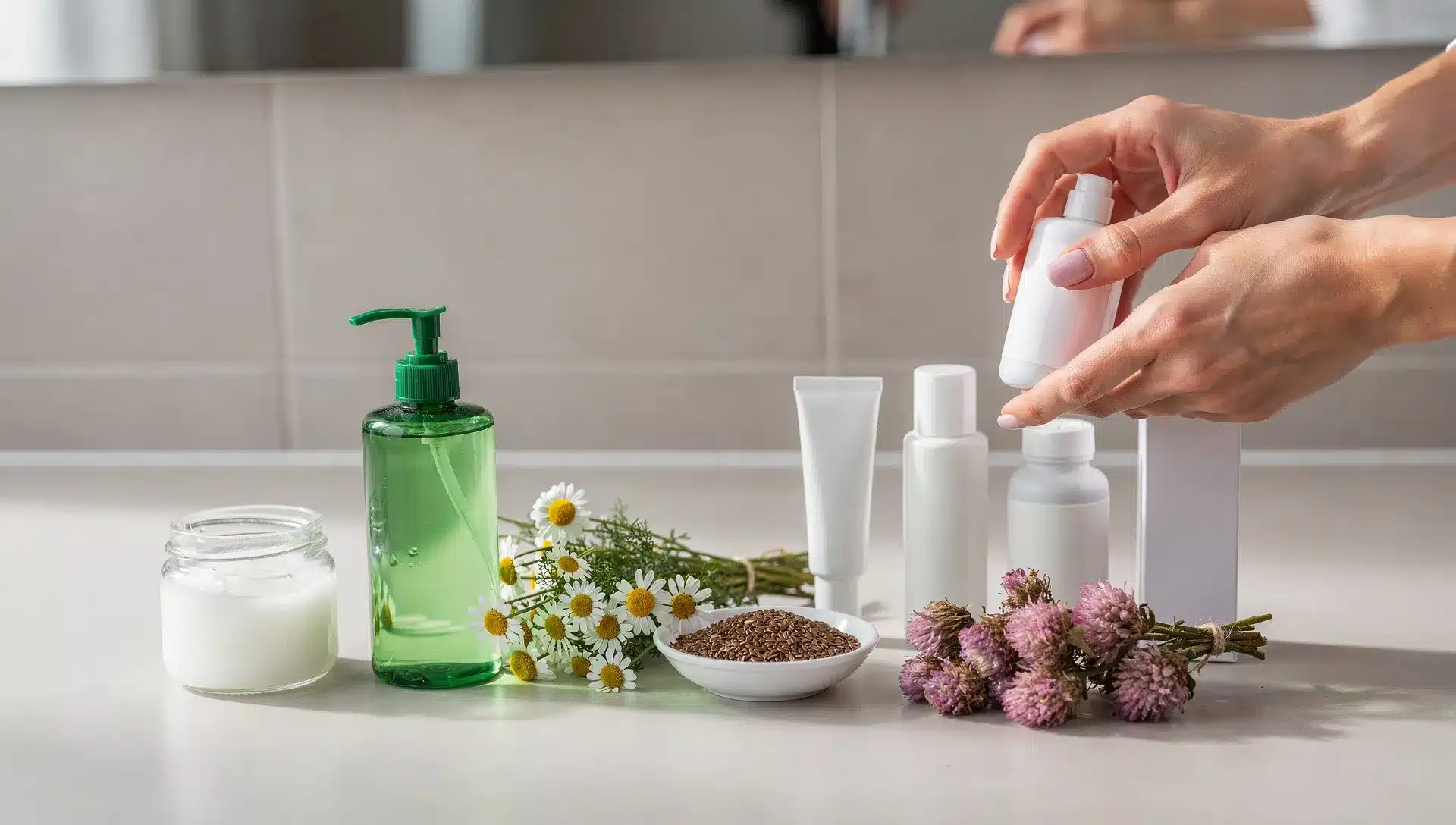 Confronto visivo tra rimedi naturali comuni e prodotti formulati per la secchezza vaginale su un piano bagno