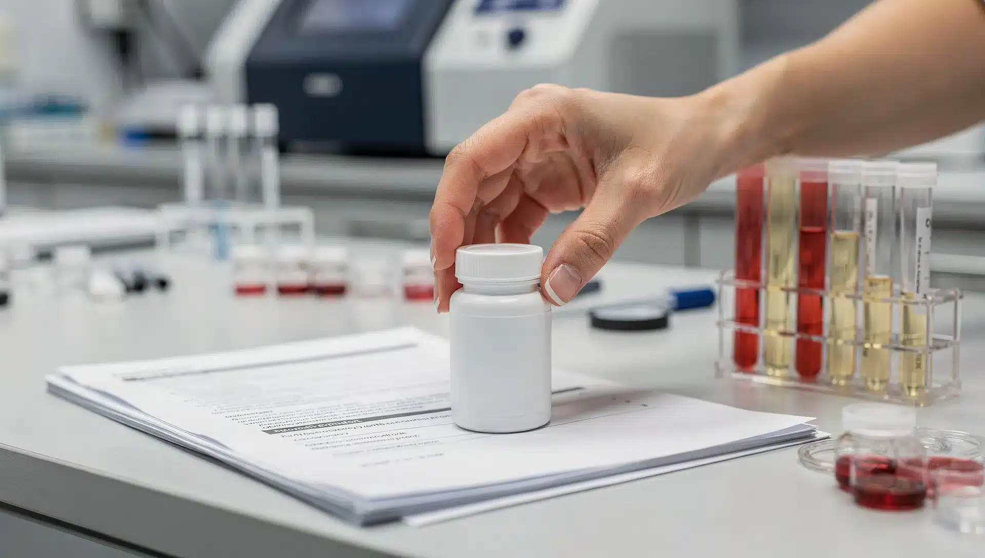 Integratore per capelli accanto a provette e modulo di esami in un laboratorio analisi