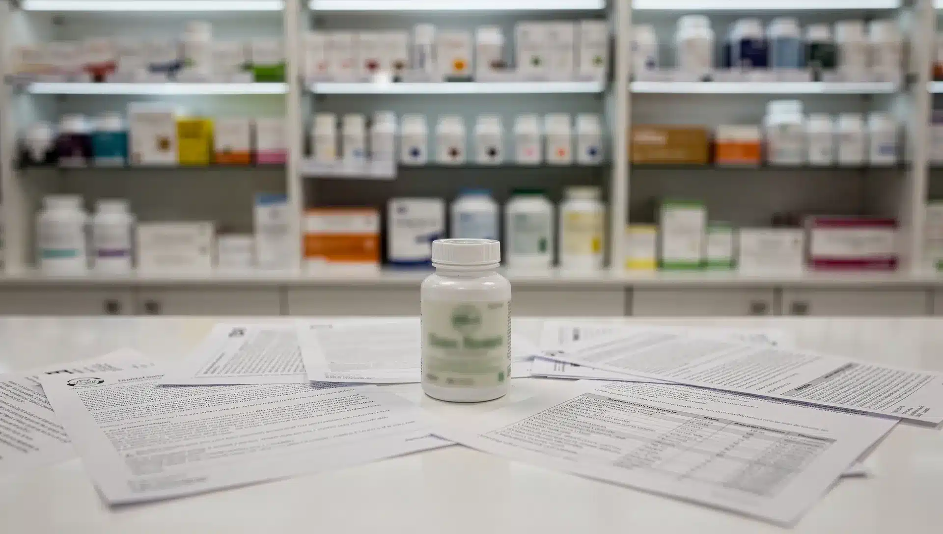 Scaffale di farmacia con integratori per il controllo del peso e documenti scientifici sul banco