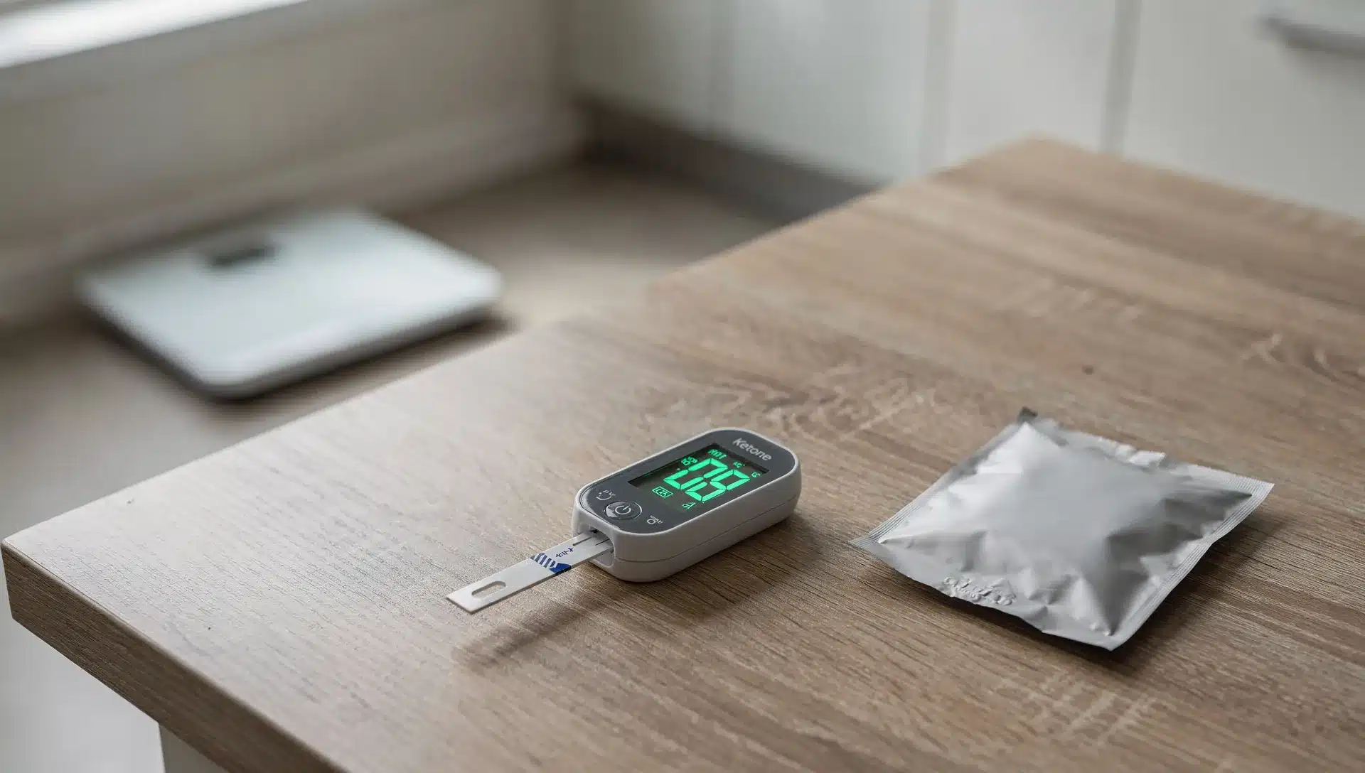 Misuratore dei chetoni e bustina di integratore su un tavolo, con bilancia sullo sfondo