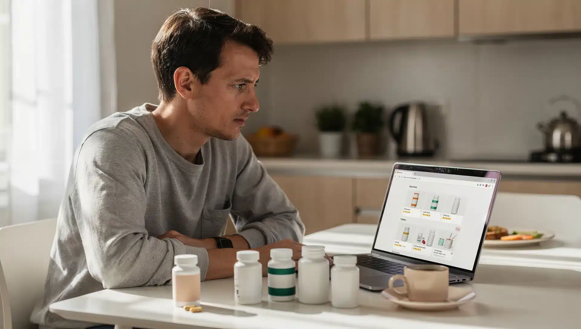 Consumatore che confronta integratori di fitosteroli online in cucina con capsula, caffè e pasto sul tavolo
