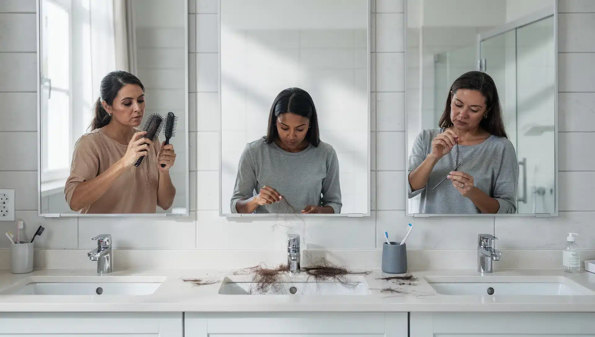 Tre donne in bagno osservano la caduta dei capelli sulla spazzola e nel lavandino