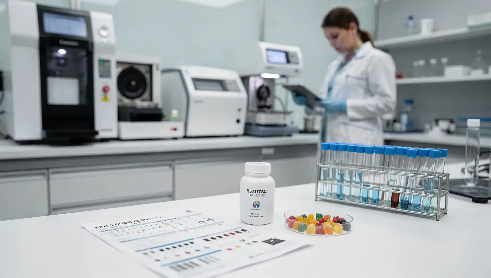 Referto di laboratorio accanto a un integratore di biotina per capelli in un contesto clinico