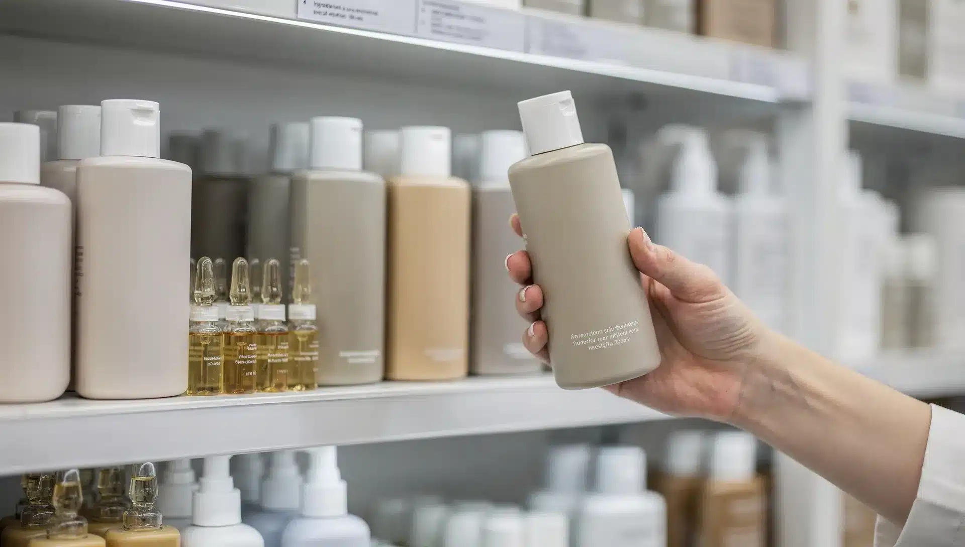 Scaffale di prodotti per capelli in farmacia con una persona che legge l'etichetta di un cosmetico anticaduta