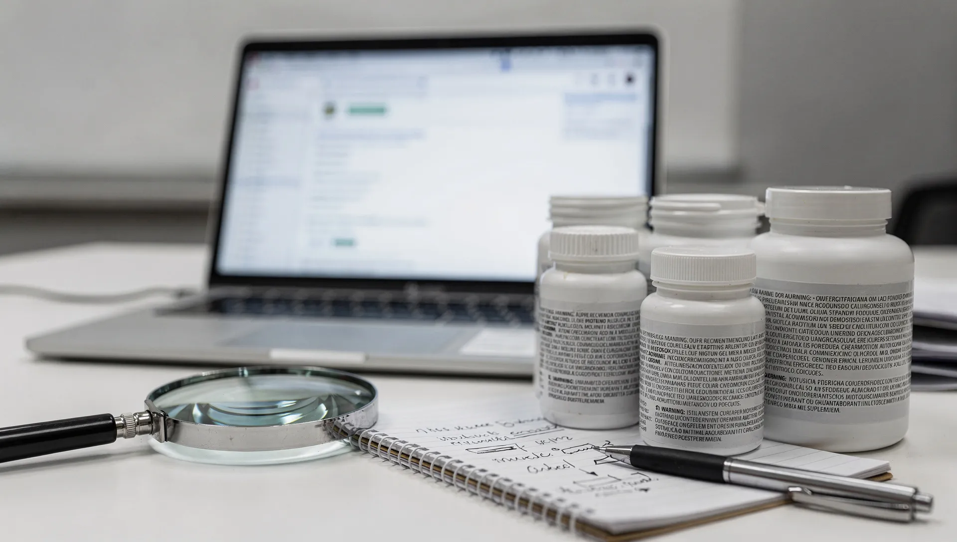 Ricerca online di integratori per massa muscolare con barattoli anonimi, etichette e lente di ingrandimento su una scrivania