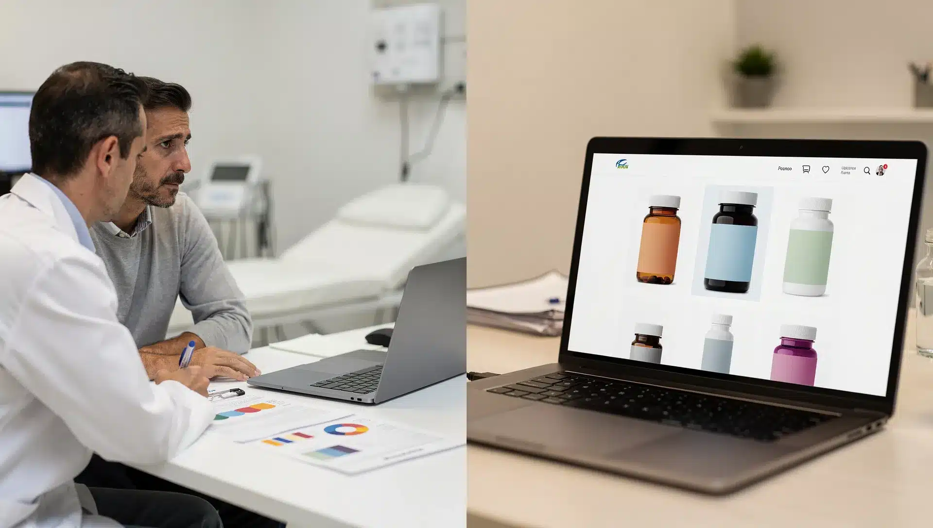 Confronto visivo tra visita andrologica con esami medici e acquisto online di integratori per la sfera sessuale