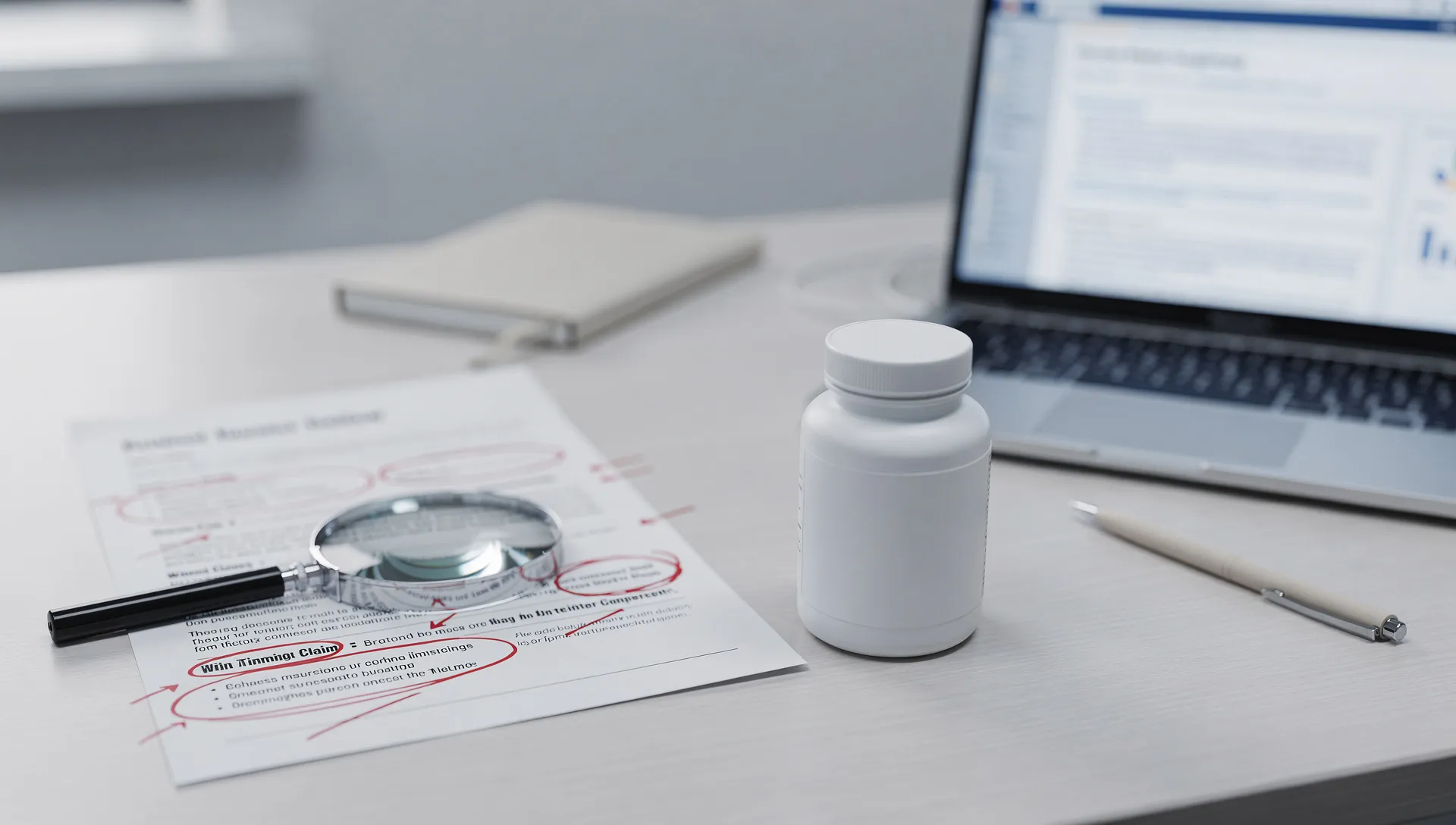 Scrivania con scheda prodotto di un integratore analizzata in chiave regolatoria, flacone neutro e segni di revisione