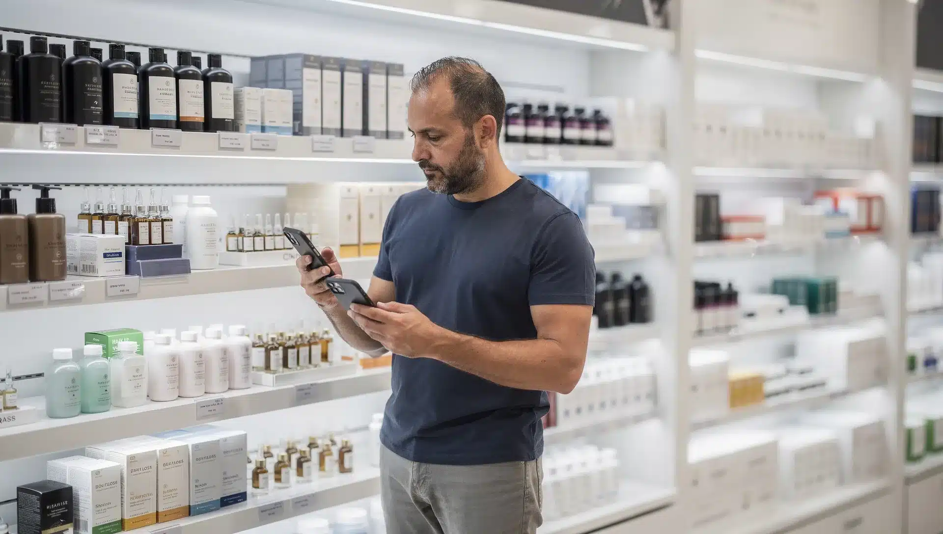 Uomo che confronta shampoo, fiale e integratori contro la caduta dei capelli in farmacia guardando annunci sul telefono