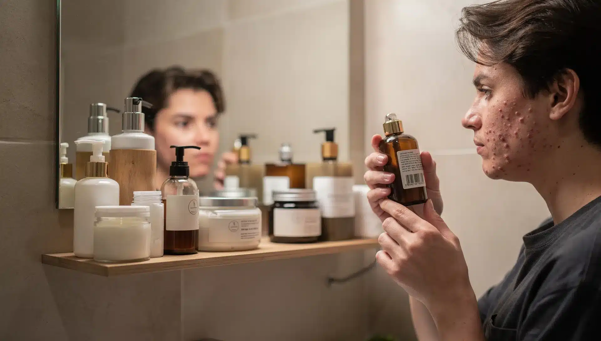 Persona con pelle acneica davanti allo specchio mentre confronta cosmetici naturali su uno scaffale