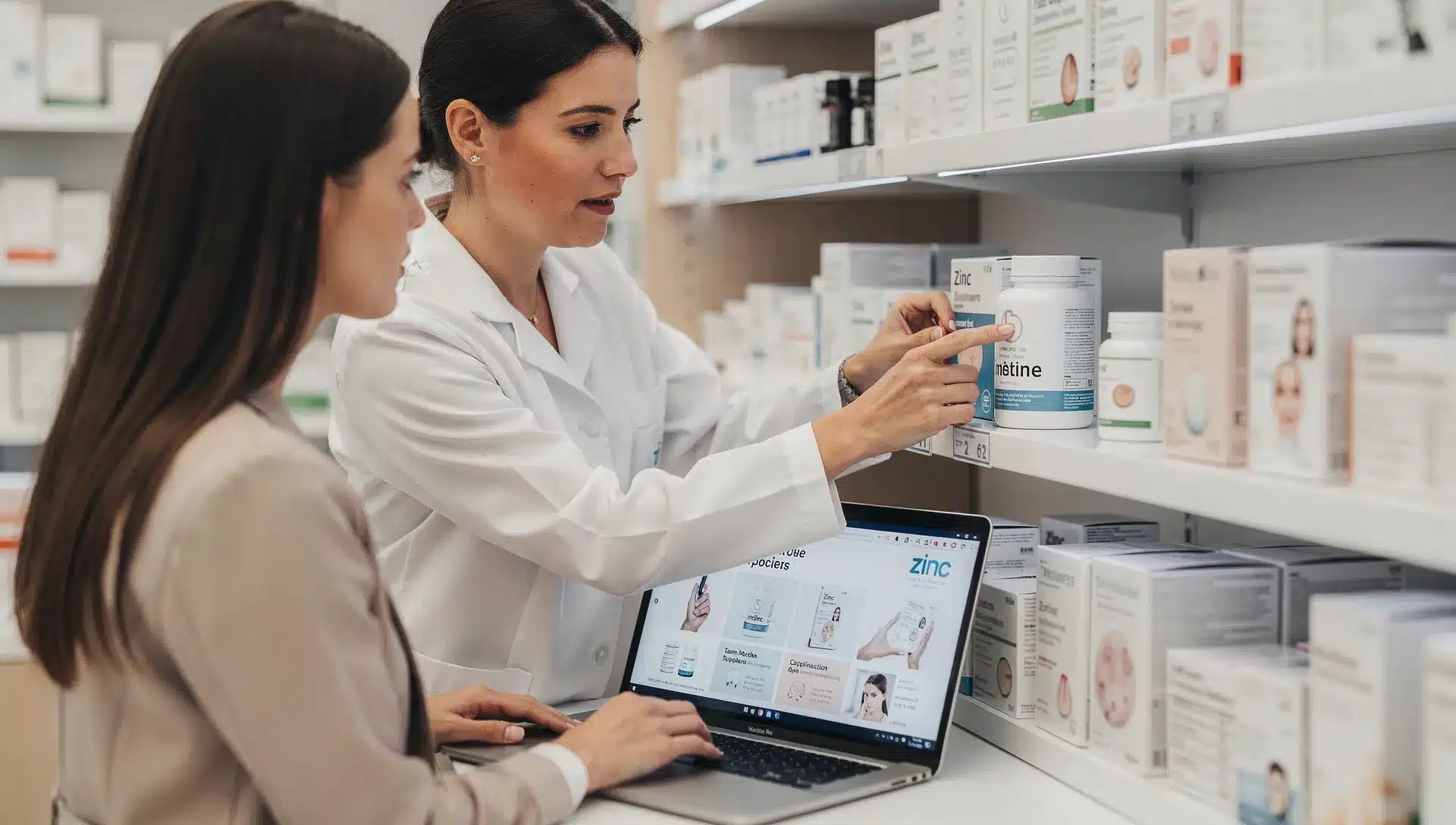Controllo di integratori di zinco per acne tra scaffale fisico e schede prodotto online in farmacia