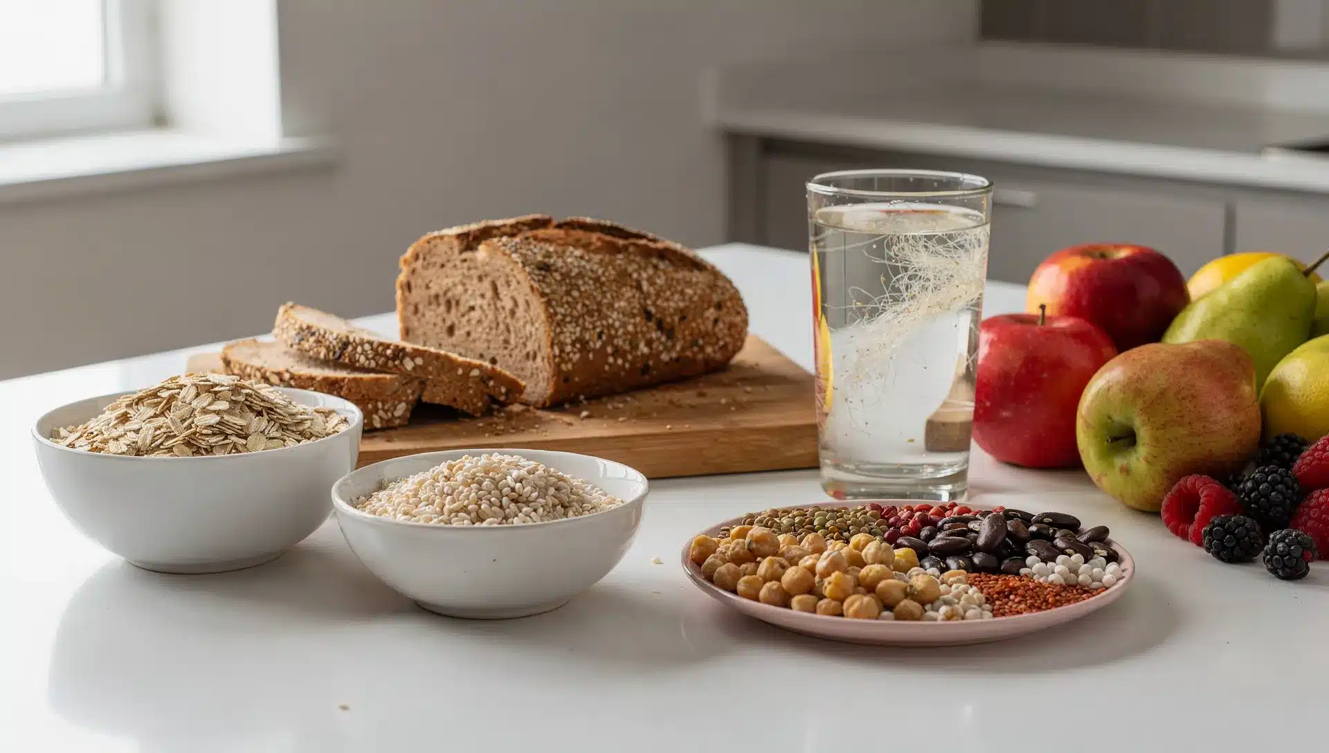 Confronto tra diverse fonti di fibre alimentari, con avena, cereali integrali, legumi, frutta e psillio su un piano cucina