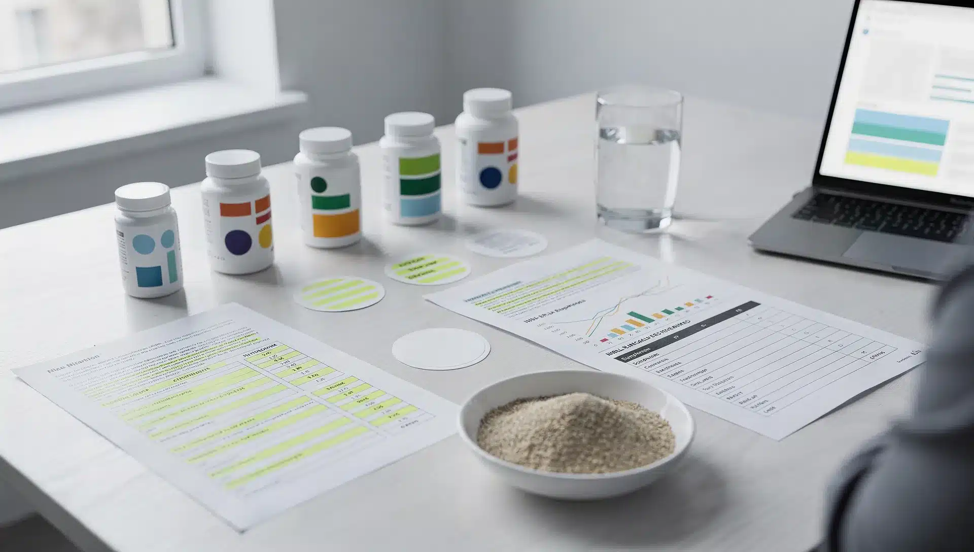 Scrivania con etichette di integratori, documenti tecnici e psillio per un'analisi sulle promesse di detox intestinale