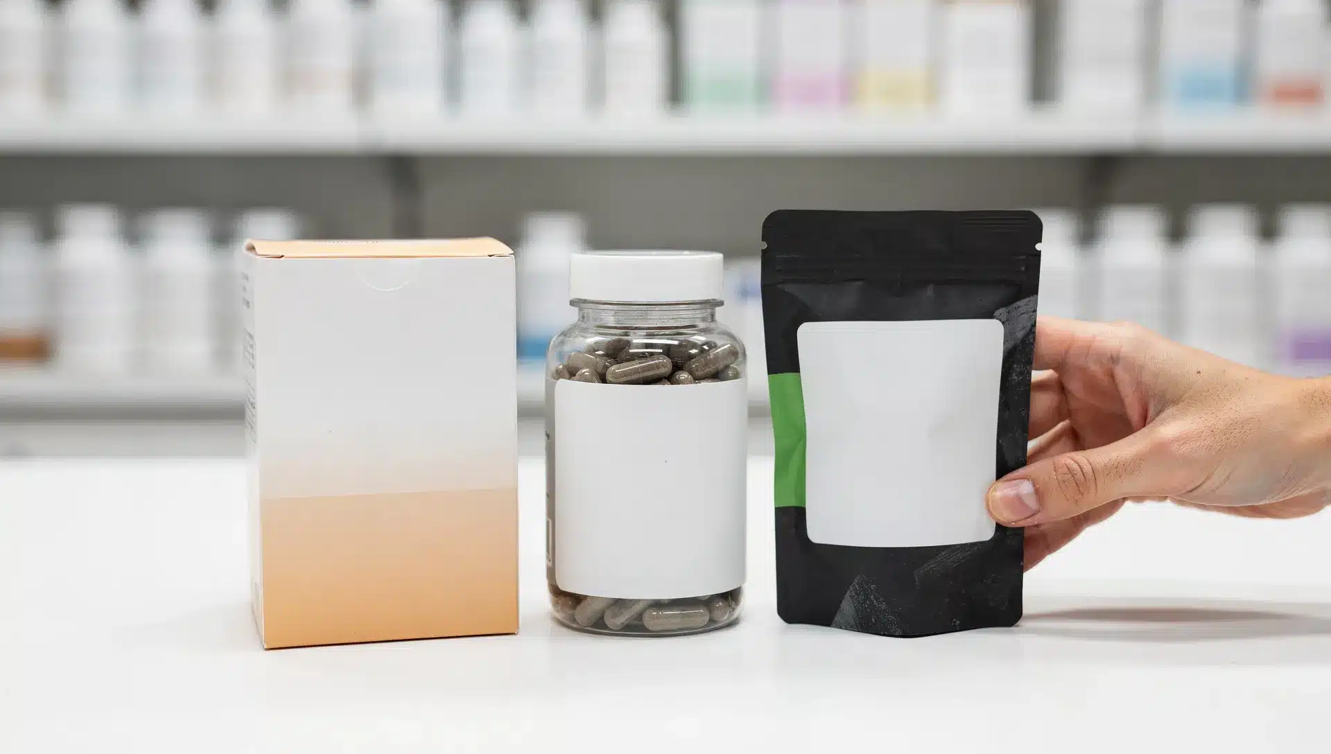 Tre confezioni anonime di integratori per gonfiore addominale su un banco, lette dal retro come farebbe un consumatore esperto