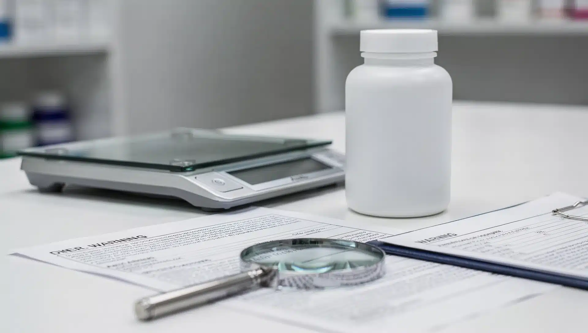 Integratore dimagrante accanto a bilancia digitale e documenti di allerta sanitaria