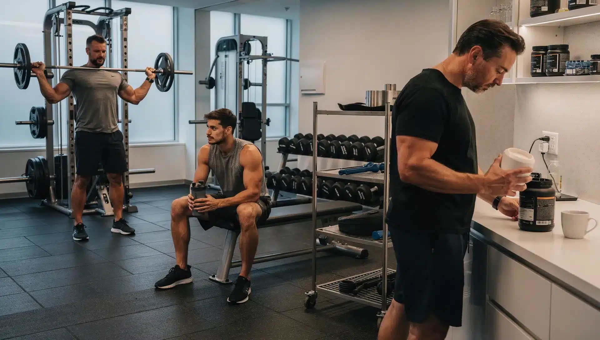 Tre persone in palestra confrontano pre-workout e caffè in orari diversi, con reazioni opposte alla stessa formula