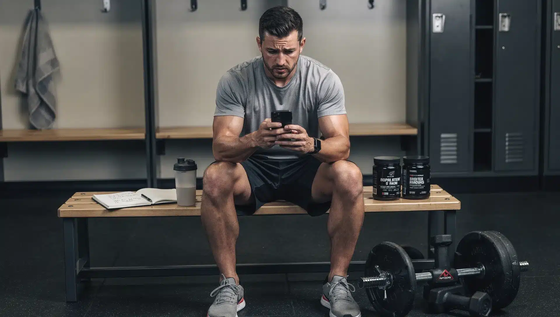 Atleta in spogliatoio controlla integratori e smartphone prima dell'allenamento con taccuino e attrezzi da palestra