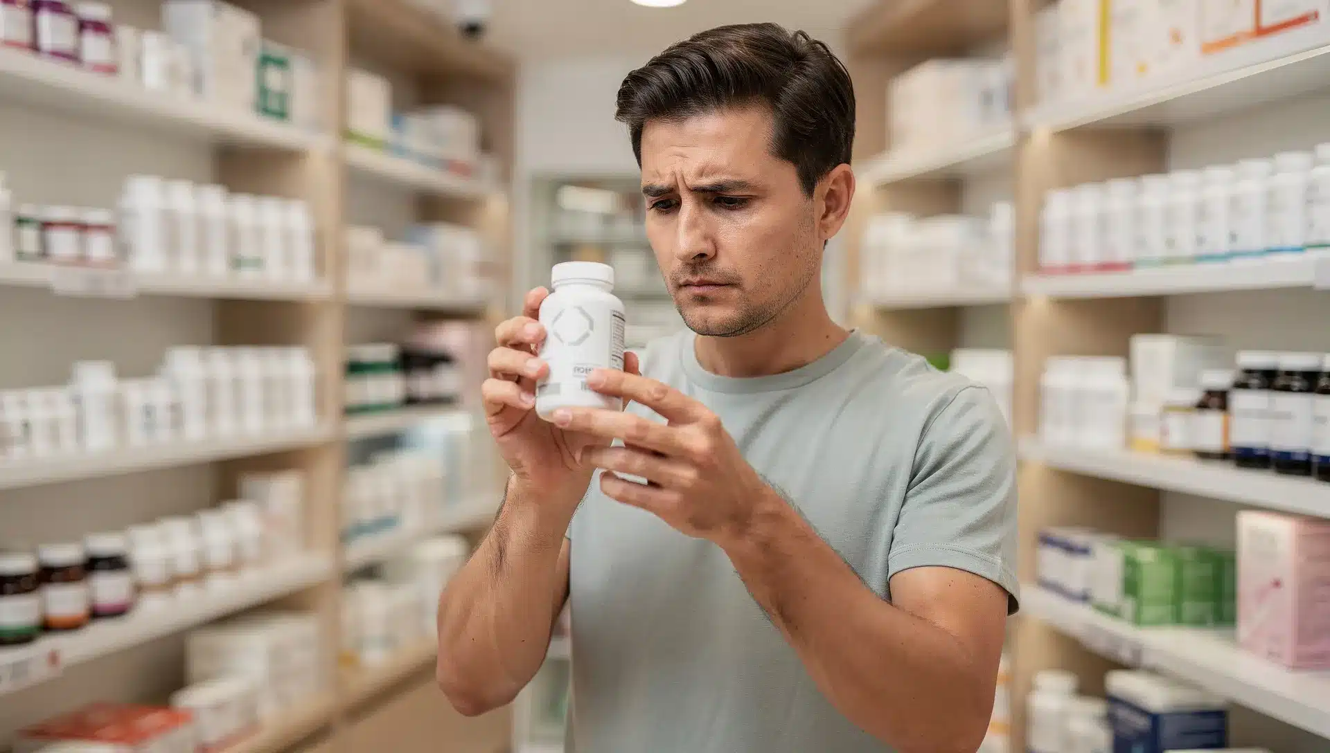 Persona che legge l'etichetta di un integratore su uno scaffale di farmacia