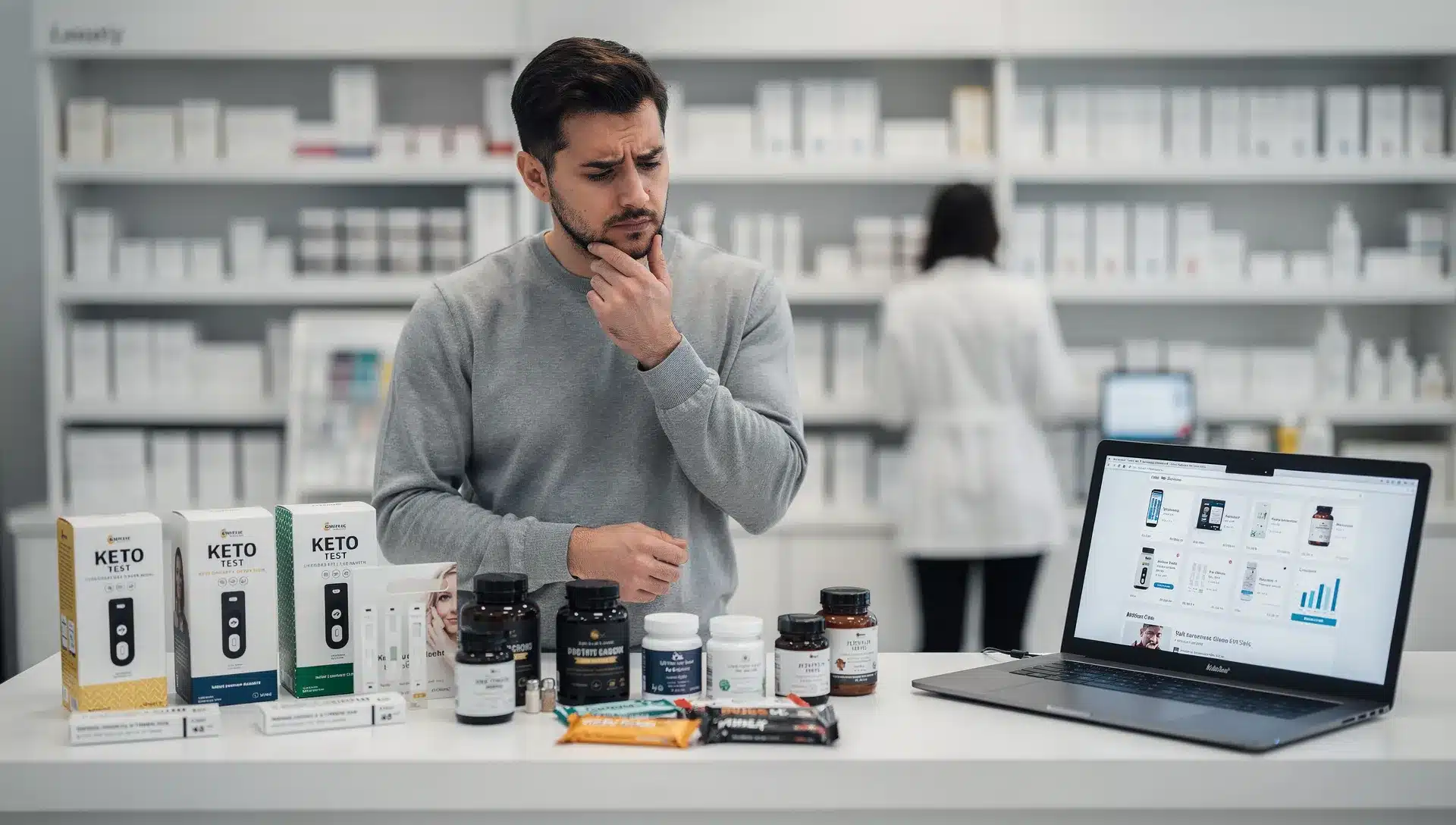 Il kit keto del principiante: il primo errore nasce nel carrello 1 Cliente alle prime armi confronta integratori keto, strisce e barrette tra farmacia ed e-commerce