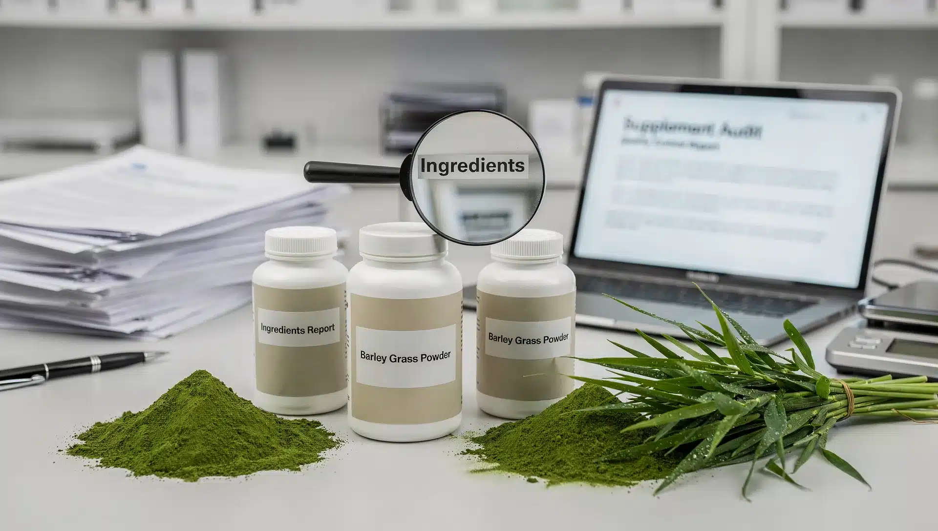 Controllo editoriale di integratori a base di orzo verde con etichette, polvere e lente d'ingrandimento