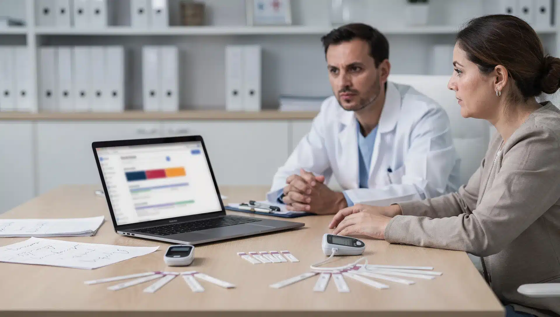 Medico e paziente osservano risultati su laptop con glucometro e strisce per chetoni su una scrivania