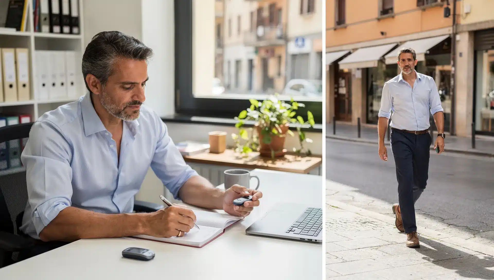 Persona con glicemia borderline che controlla i valori e cammina dopo pranzo in un contesto di lavoro