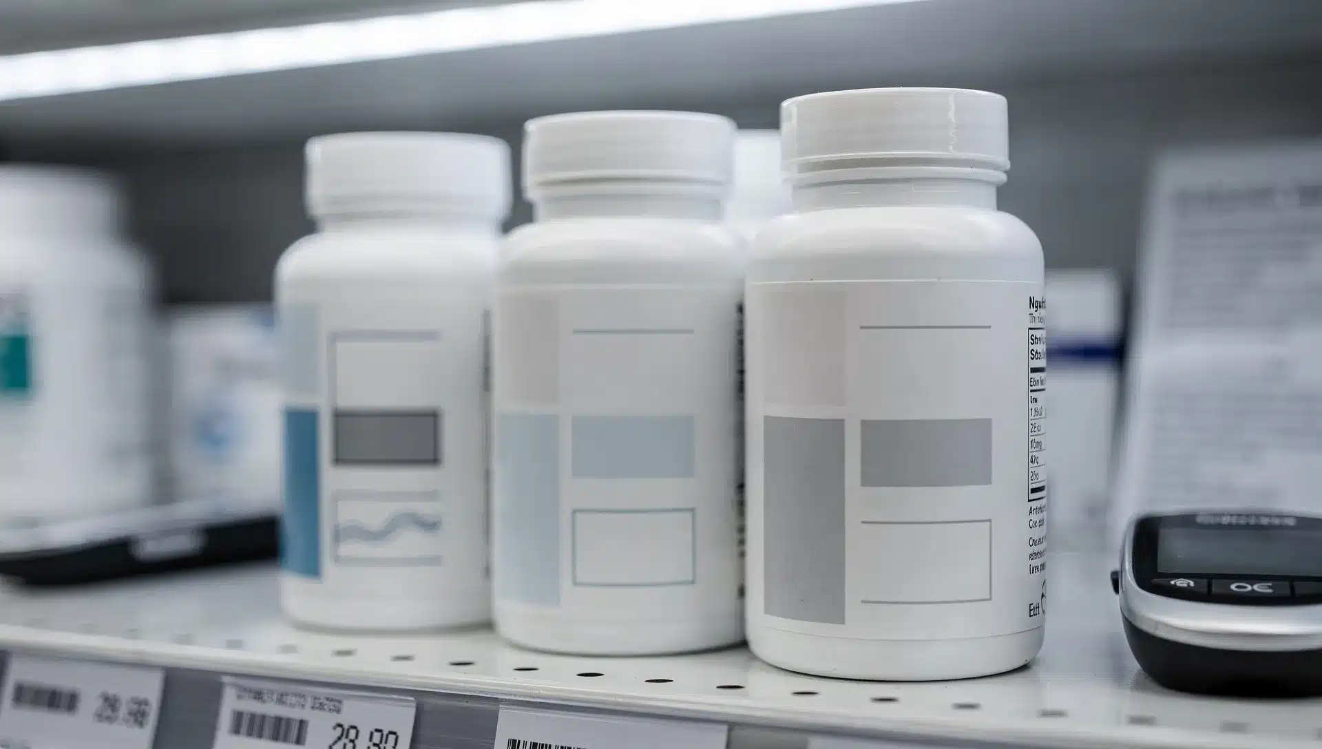 Integratori al cromo su uno scaffale con glucometro sfocato sullo sfondo, immagine editoriale sul tema glicemia ed etichette