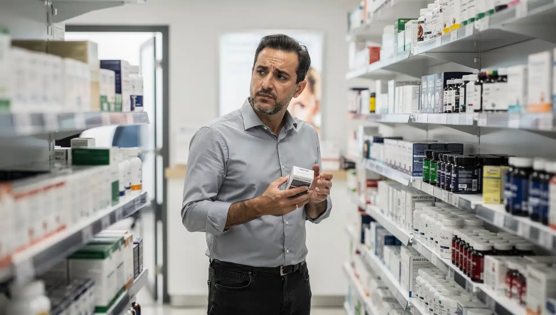 Uomo di mezza età davanti allo scaffale della farmacia con integratori per energia e vitalità maschile