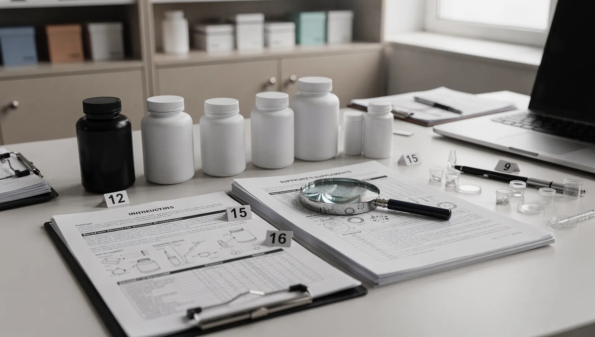 Integratori maschili senza marchio accanto a documenti regolatori e controlli di laboratorio in un contesto editoriale tecnico