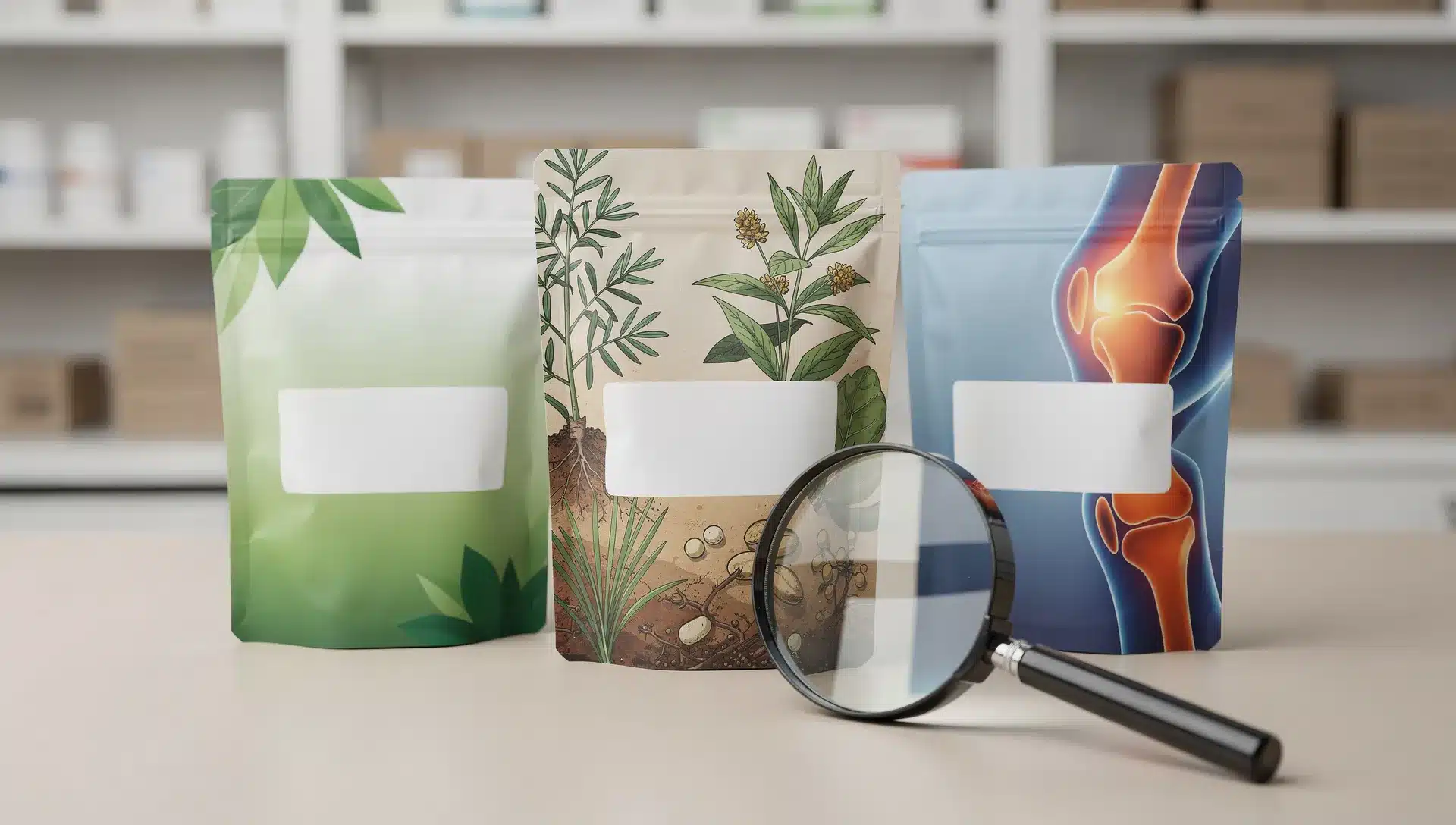 Tre confezioni anonime di integratori per le articolazioni su un tavolo con lente d'ingrandimento sulle etichette