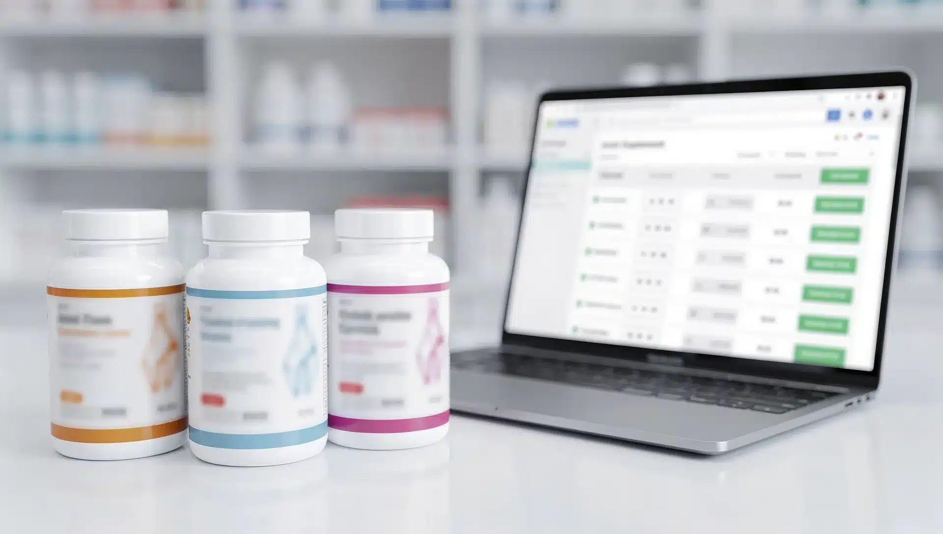 Tre flaconi di integratori per articolazioni accanto a un laptop con carrello online, confronto tra etichette e dosaggi