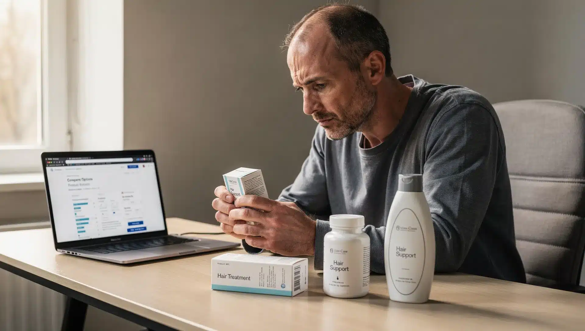 Caduta capelli uomo: 3 prodotti, 1 regola per smontare i claim 1 Uomo che confronta etichette di farmaco, integratore e cosmetico contro la caduta dei capelli